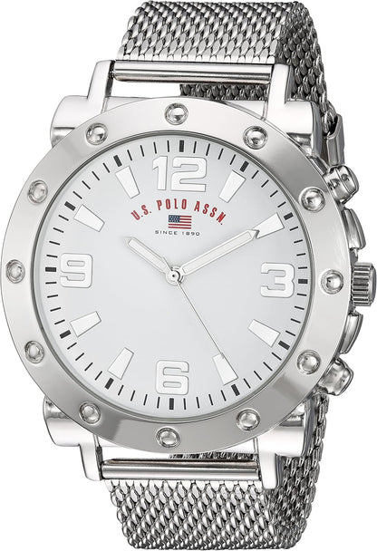 HOTU.S. Polo Assn. Men's Silver Mesh Watch – Classic Analog Quartz Timepiece with Bold Bezel Detailing, White Dial & Textured Strap – 48mm Case – Fits Wrists 5.5" to 8"