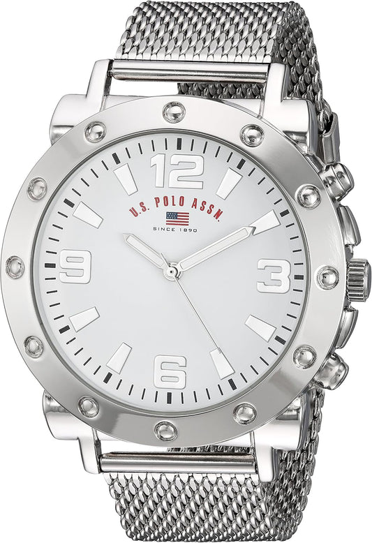 HOTU.S. Polo Assn. Men's Silver Mesh Watch – Classic Analog Quartz Timepiece with Bold Bezel Detailing, White Dial & Textured Strap – 48mm Case – Fits Wrists 5.5" to 8"