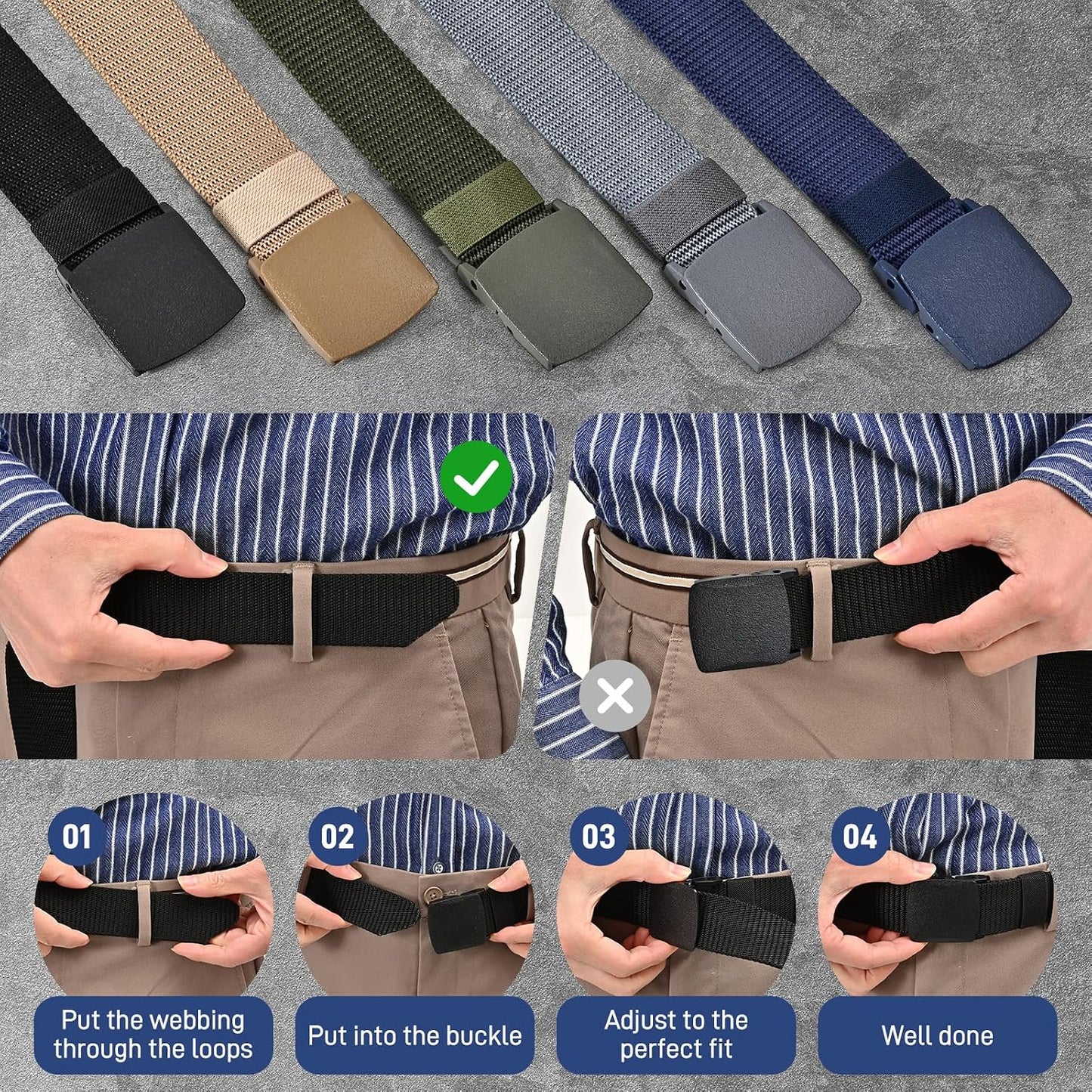 HOTUNGGJKB Tactical Men's Nylon Belts,5 Pack Mens Belts Casual，Military Canvas Outdoor Metal-free Belts