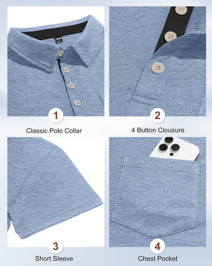 HOTMens Short Sleeve Polo Shirts Collared Business Casual Polo T Shirts with Pocket