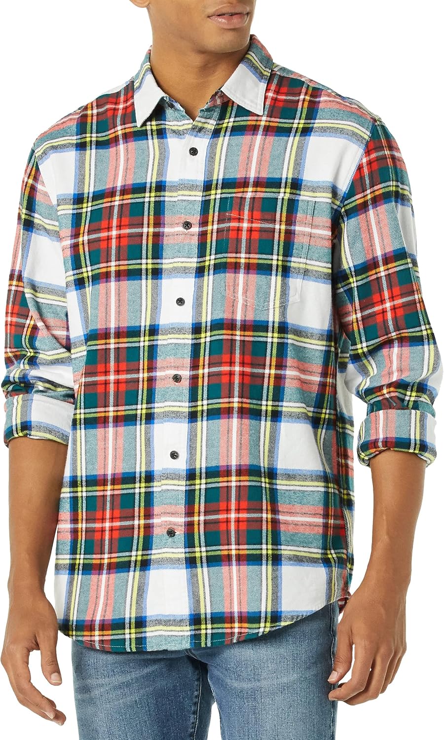 HOTAmazon Essentials Men's Regular Fit Long-Sleeve Flannel Shirt, Soft Brushed Cotton, Lightweight yet Warm