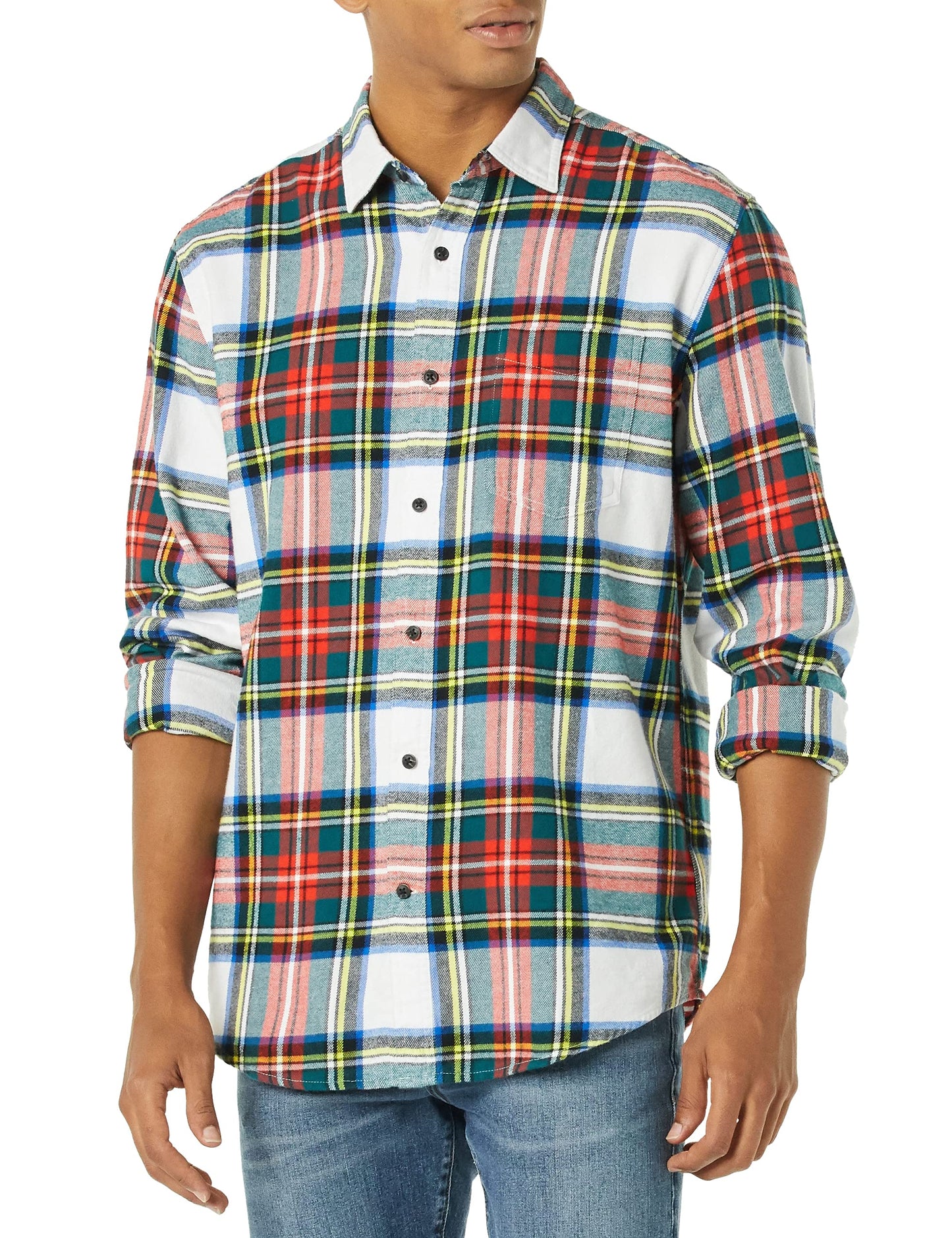 HOTAmazon Essentials Men's Regular Fit Long-Sleeve Flannel Shirt, Soft Brushed Cotton, Lightweight yet Warm