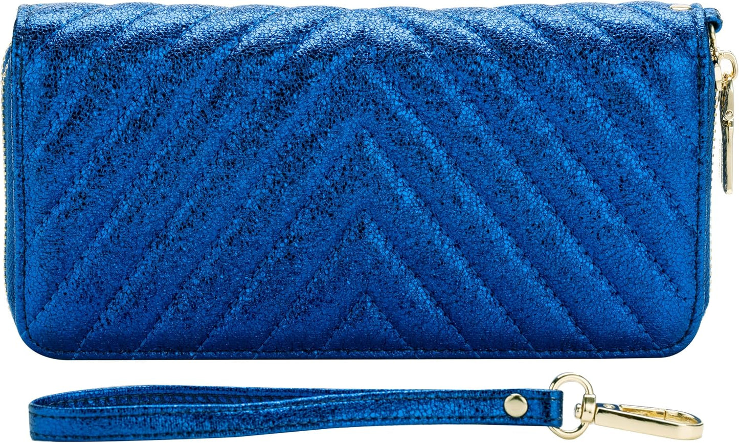 HOTB BRENTANO Vegan Leather Double Zipper Pocket Wallet with Grip Hand Strap (BLUE GLITTER)