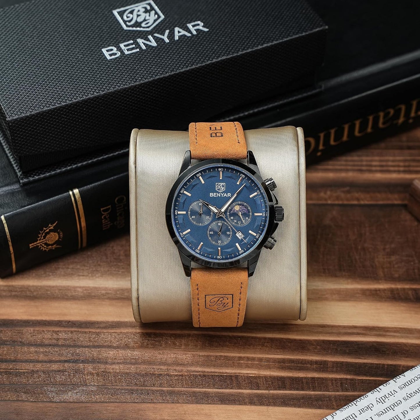 HOTBENYAR Mens Watches Analog Quartz Chronograph Waterproof Wrist Watches for Men Fashion Business Work Casual Sport Designer Dress Watch with Calendar Elegant Gifts for Men