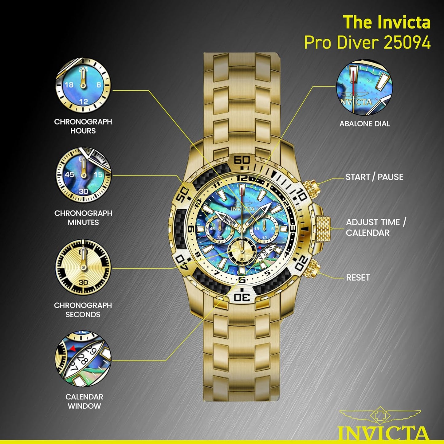 HOTInvicta Men's Pro Diver Scuba Quartz Chronograph Carbon Fiber Bezel Abalone Dial Bracelet Watch, 50mm
