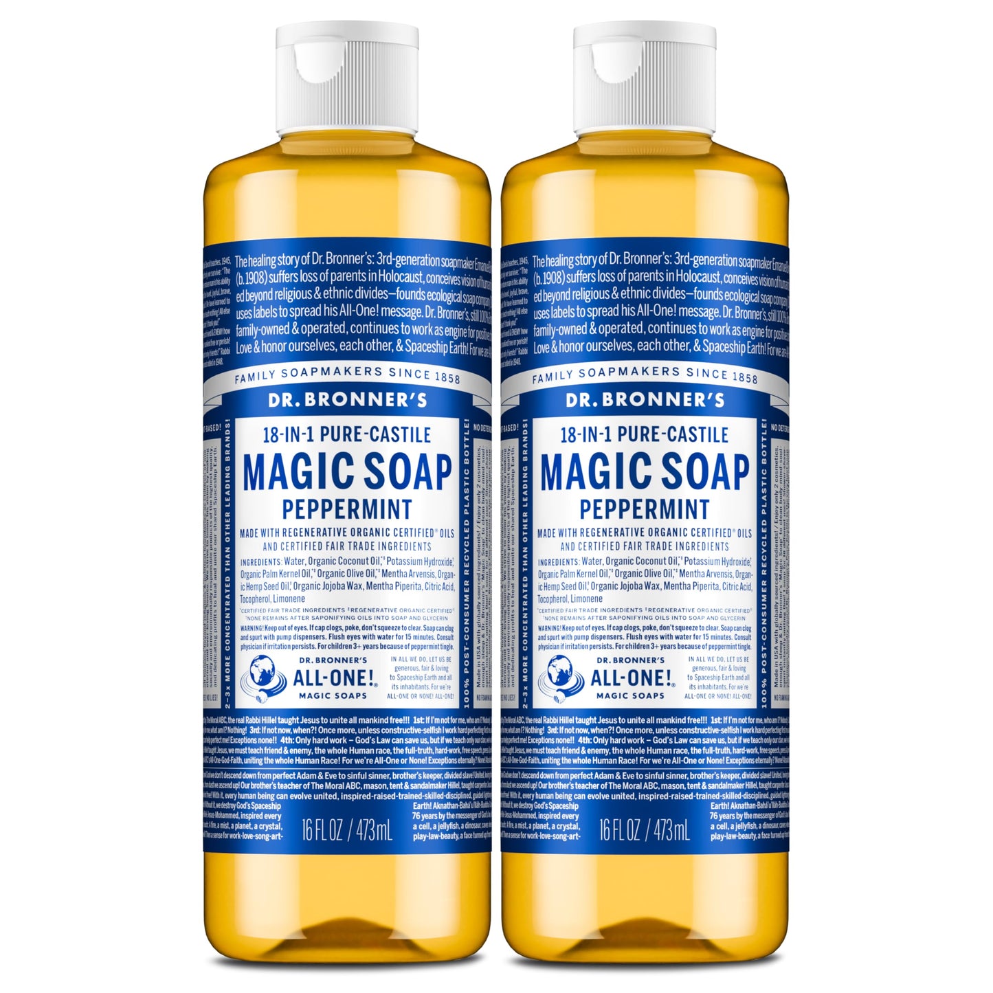 HOTDr. Bronner's Pure-Castile Magic Liquid Soap - Made with Regenerative Organic Certified Oils- 18-in-1 Uses for Face, Body, Hand, Hair, Laundry & More- Vegan, Non-GMO- Body Wash- Peppermint,32oz
