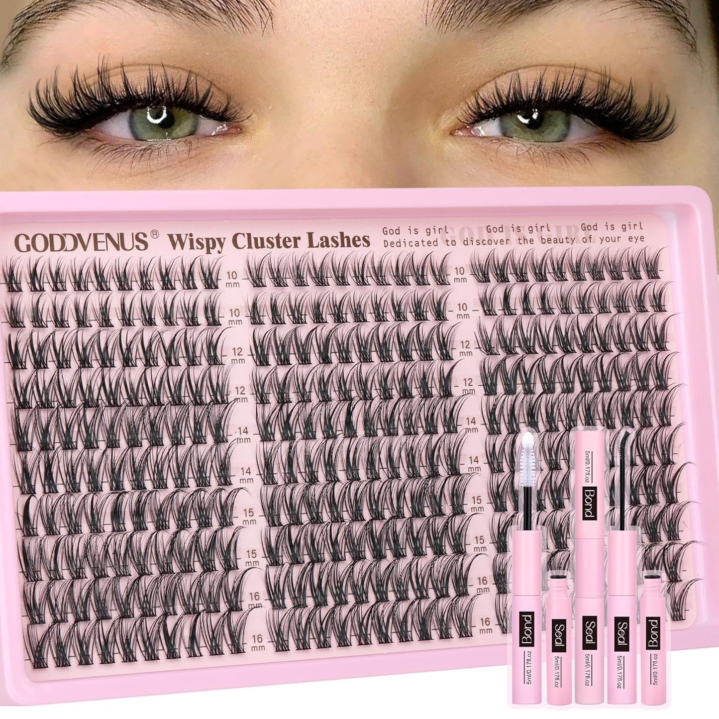 HOTGoddvenus Lash Clusters Kit Wispy Eyelash Clusters Lashes Natural DIY Lash Extension Kit 10-16mm Cluster Eyelash Extensions Kit 300pcs C Curl Individual Lashes Cluster Eyelash (No Tweezers)