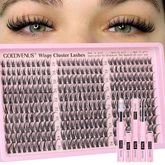 HOTGoddvenus Lash Clusters Kit Wispy Eyelash Clusters Lashes Natural DIY Lash Extension Kit 10-16mm Cluster Eyelash Extensions Kit 300pcs C Curl Individual Lashes Cluster Eyelash (No Tweezers)