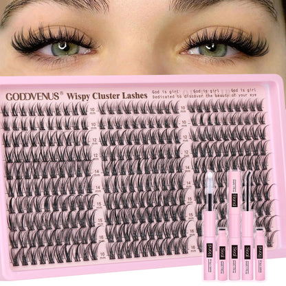 HOTGoddvenus Lash Clusters Kit Wispy Eyelash Clusters Lashes Natural DIY Lash Extension Kit 10-16mm Cluster Eyelash Extensions Kit 300pcs C Curl Individual Lashes Cluster Eyelash (No Tweezers)