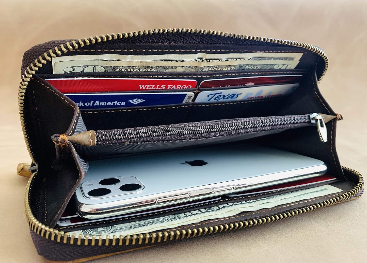 HOTGeneric Women's Long Wallet Organizer, Zipper Wallet, Wristlet Wallet, Brown Floral Top Grain Cowhide Leather Wallet for Women