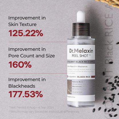 HOTDr.Melaxin Peel Shot Black Rice Exfoliating Ampoule, Face Exfoliator with AHA BHA Niacinamide Rice Bran Water, Blackhead Remover, Pore Minimizer, Brightening Glass Skin Serum, Korean Skin Care, 2.7 oz