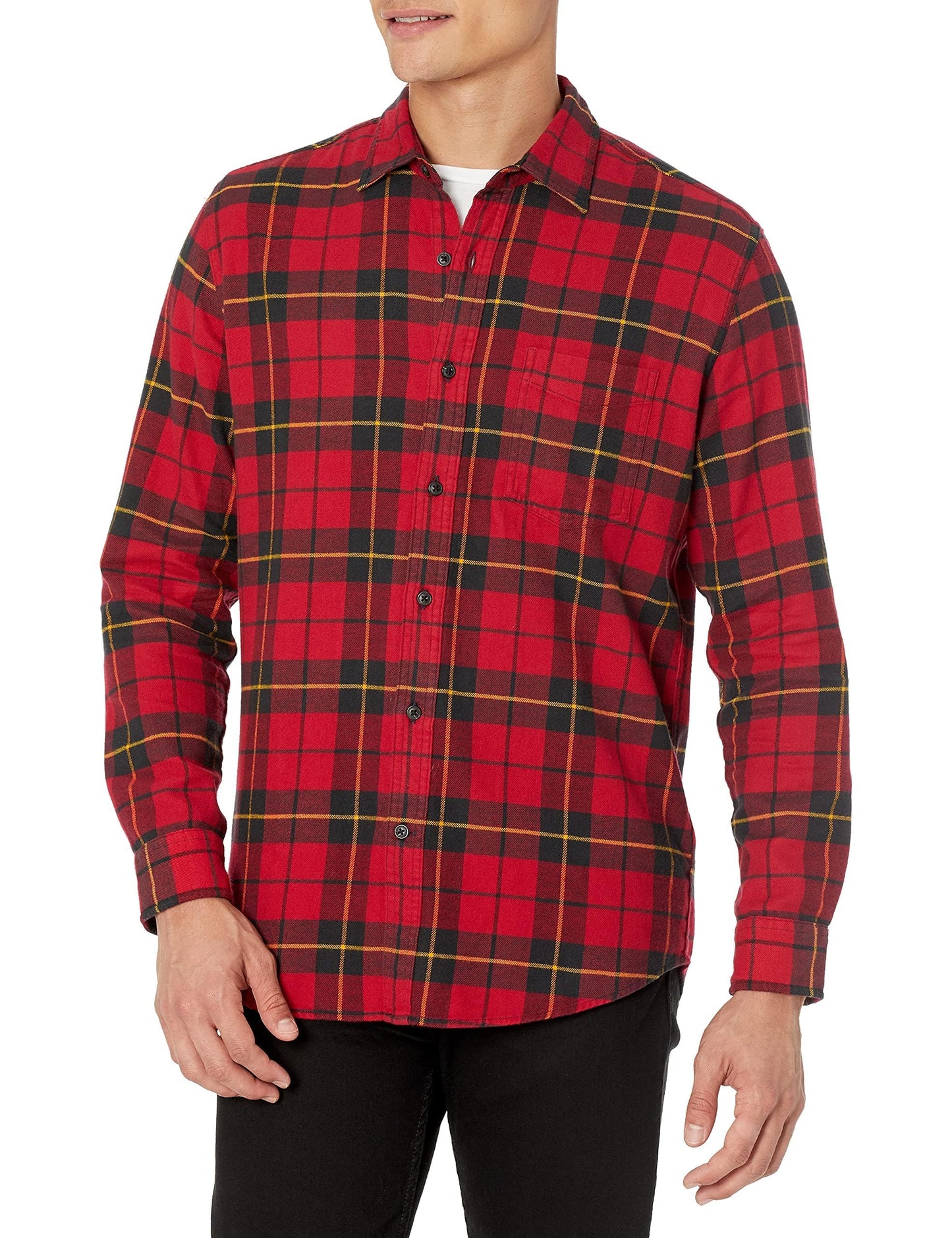 HOTAmazon Essentials Men's Regular Fit Long-Sleeve Flannel Shirt, Soft Brushed Cotton, Lightweight yet Warm