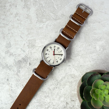 HOTBenchmark Leather Watch Band - Crazy Horse Oiled Leather One-Piece Military Watch Strap - Brushed Stainless-Steel Hardware - 18mm, 20mm, 22mm or 24mm Widths