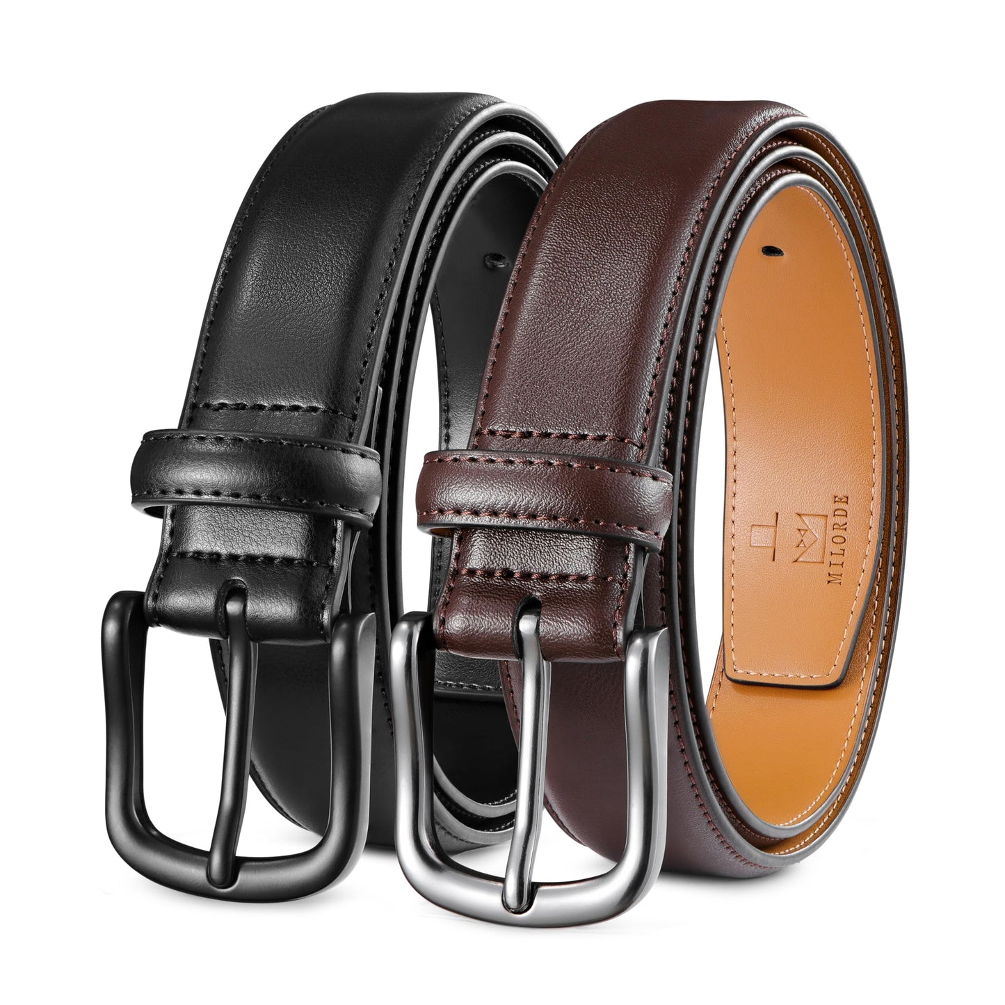 HOTMILORDE Men's Leather Dress Belt 2Pack, Handmade, Genuine Leather, Fashion & Classic Designs for Work Business and Casual