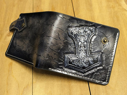 HOTCeltic Style, Mjolnir, Thor Hammer, Crow, Raven, Odin, Norse Knots, Viking, Men's 3D Genuine Leather Wallet, Handmade wallet, Carved wallet, Tooled wallet, Bifold wallet, Custom Personalized wallet