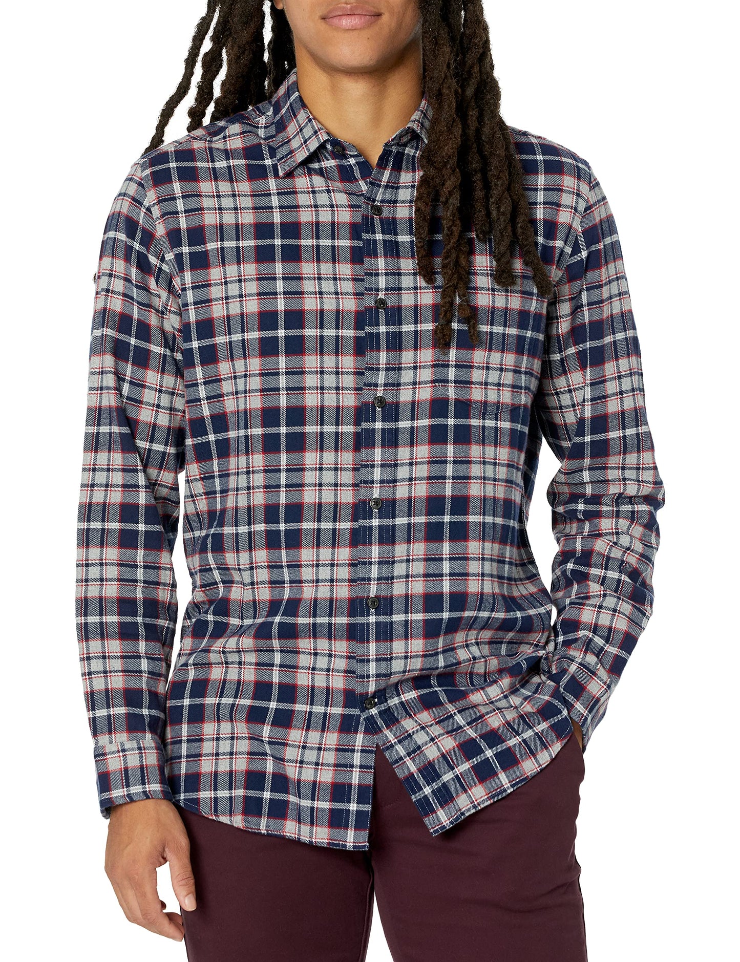 HOTAmazon Essentials Men's Regular Fit Long-Sleeve Flannel Shirt, Soft Brushed Cotton, Lightweight yet Warm