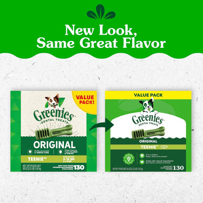 HOTGreenies Teenie Original Natural Dental Dog Treats, Chicken, 130 Count | Clinically-proven, veterinarian-recommended, 47% less tartar & 40% less plaque in 28 days, for dogs 5-15 lbs, 36 oz. Pack
