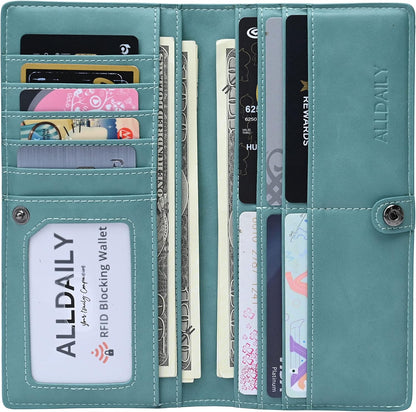 HOTAlldaily Ultra Slim Thin Women Wallet RFID Blocking Credit Card Holder Bifold Long Ladies Billfold (Purist Blue)