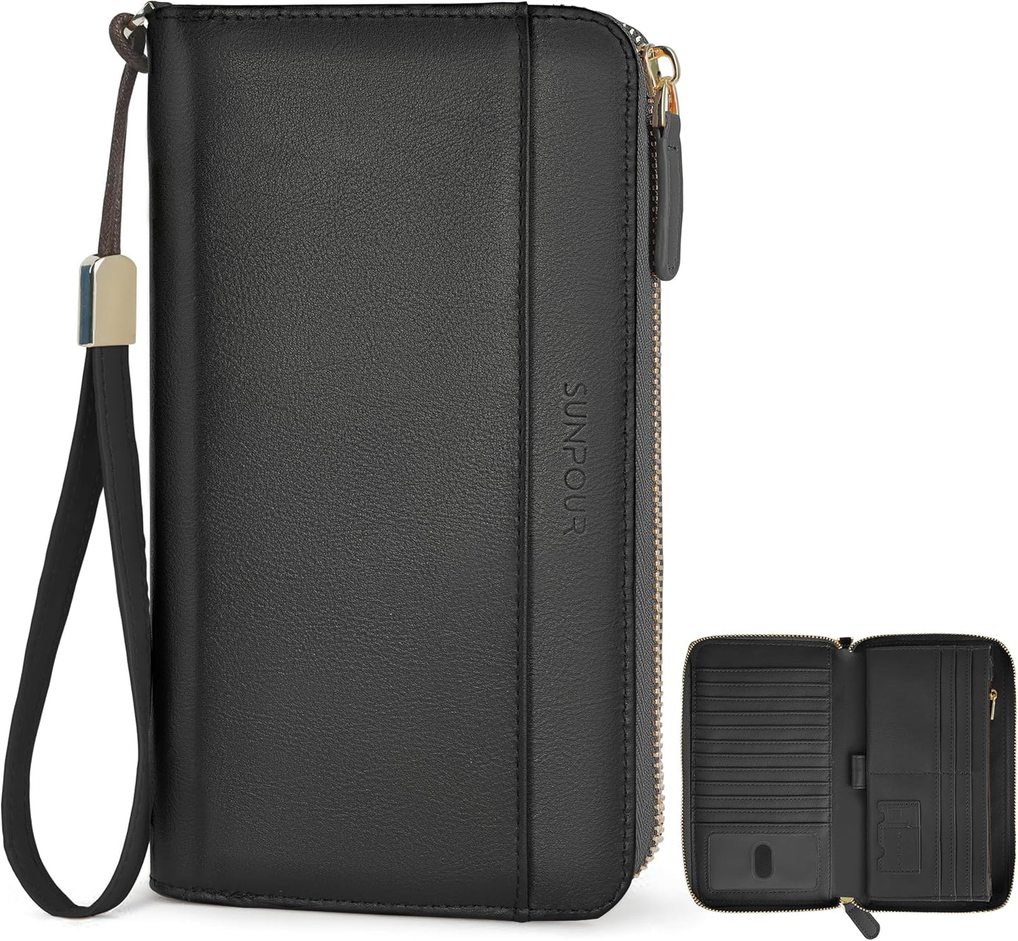 HOTLarge Capacity Travel Wallet for Women,RFID Blocking Zipper Wallet with AirTag Slot,Passport Holder Clutch with Wristlet（Black）