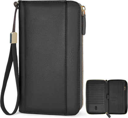 HOTLarge Capacity Travel Wallet for Women,RFID Blocking Zipper Wallet with AirTag Slot,Passport Holder Clutch with Wristlet（Black）