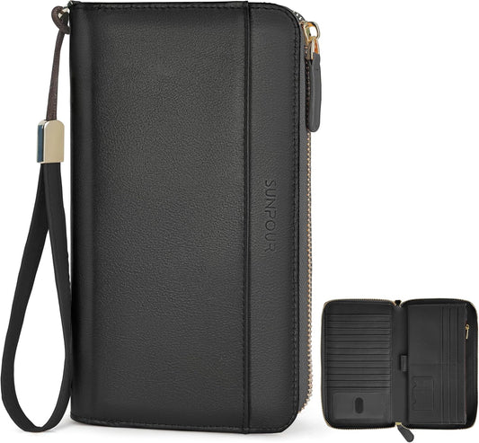 HOTLarge Capacity Travel Wallet for Women,RFID Blocking Zipper Wallet with AirTag Slot,Passport Holder Clutch with Wristlet（Black）