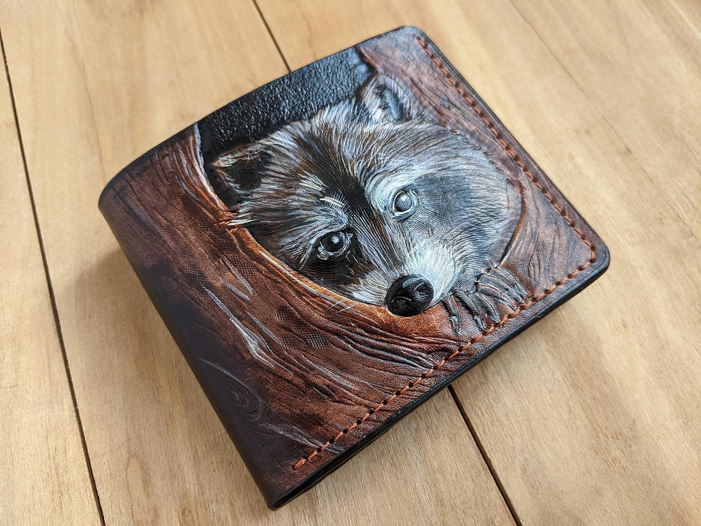 HOTHunting, Raccoon, Coonhunters, Coon Hunter, Men's 3D Genuine Leather Wallet, Handmade wallet, Carved wallet, Tooled wallet, Airbrush Art, Bifold wallet, Custom wallet, Personalized wallet, A(19)