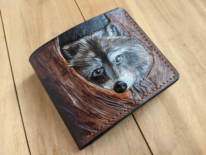 HOTHunting, Raccoon, Coonhunters, Coon Hunter, Men's 3D Genuine Leather Wallet, Handmade wallet, Carved wallet, Tooled wallet, Airbrush Art, Bifold wallet, Custom wallet, Personalized wallet, A(19)
