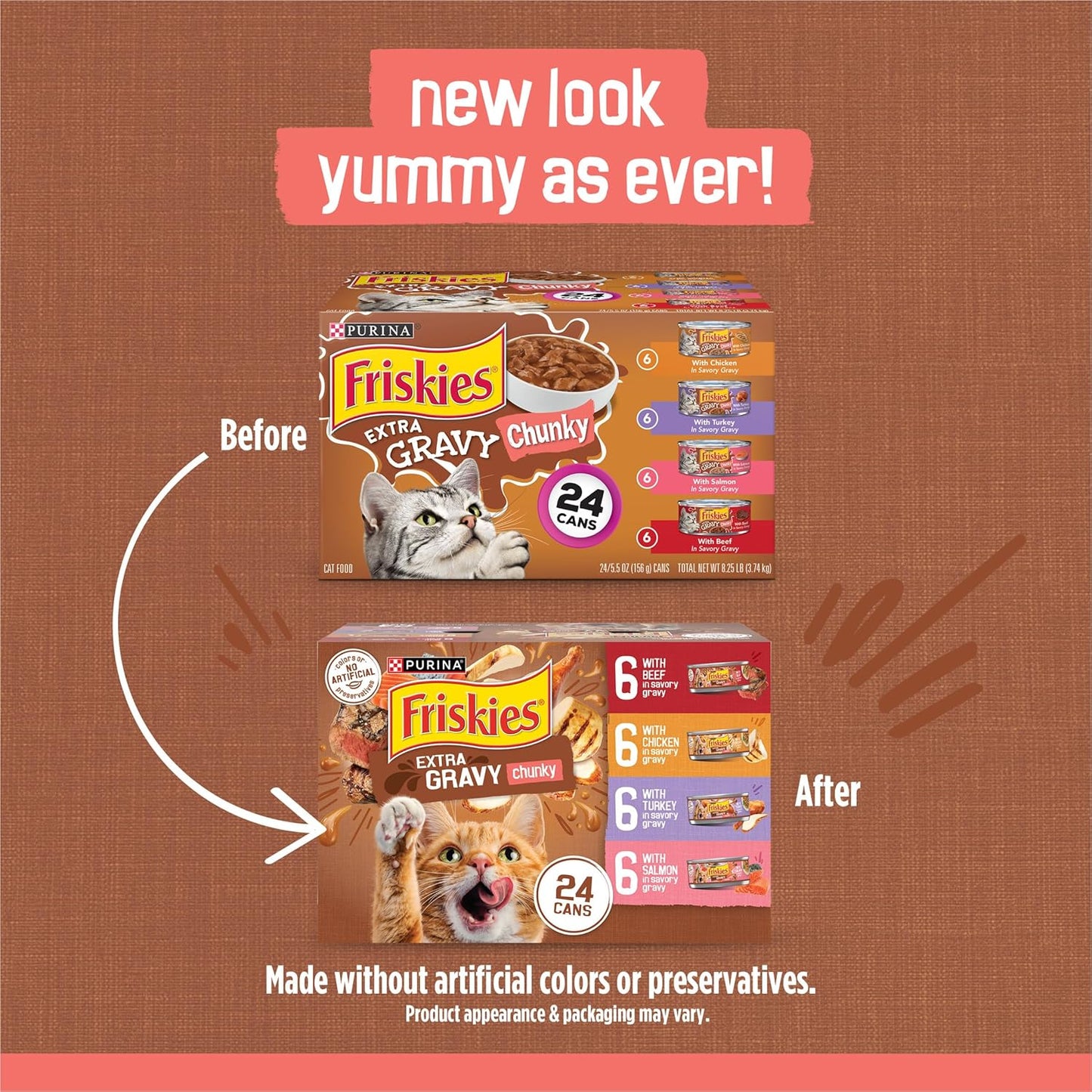 HOTPurina Friskies Extra Gravy Wet Cat Food Chunky 24ct Variety Pack (With Chicken, Turkey, Salmon, Beef) - (Pack of 24) 5.5 oz. Cans