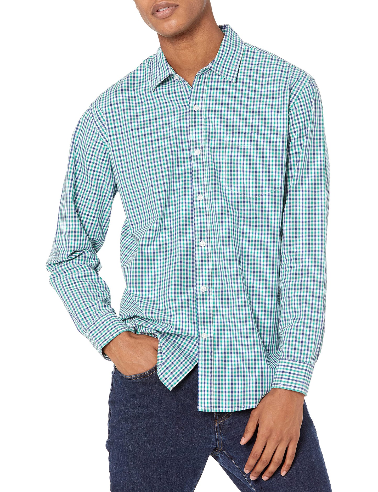 HOTAmazon Essentials Men's Regular-Fit Long-Sleeve Casual Poplin Shirt, Button Front, Business Casual, Collared