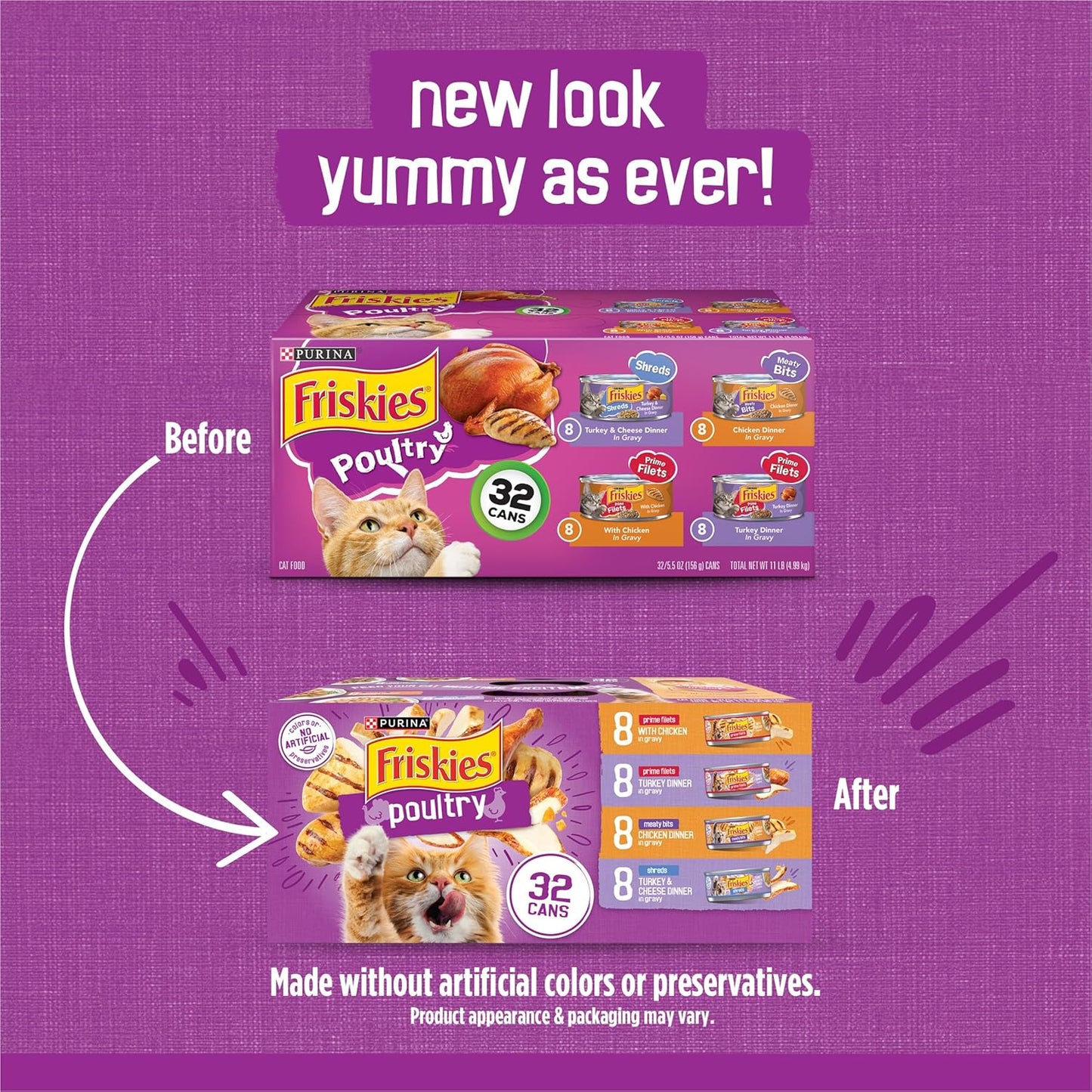 HOTPurina Friskies Gravy Wet Cat Food Variety Pack, Poultry Shreds, Meaty Bits and Prime Filets - (Pack of 32) 5.5 oz. Cans
