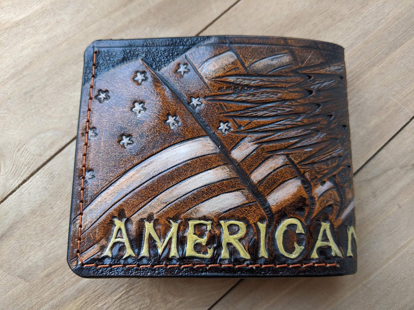 HOTAmerican Flag Bald Eagle Leather Wallet for Men – Patriotic USA Military Design – RFID Genuine Leather Bifold Biker Wallet, Embossed, Carved, Tooled & Painted Wallet, Custom Personalized Gift