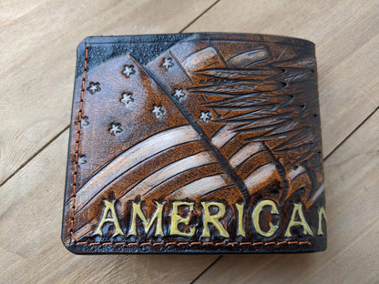 HOTAmerican Flag Bald Eagle Leather Wallet for Men – Patriotic USA Military Design – RFID Genuine Leather Bifold Biker Wallet, Embossed, Carved, Tooled & Painted Wallet, Custom Personalized Gift