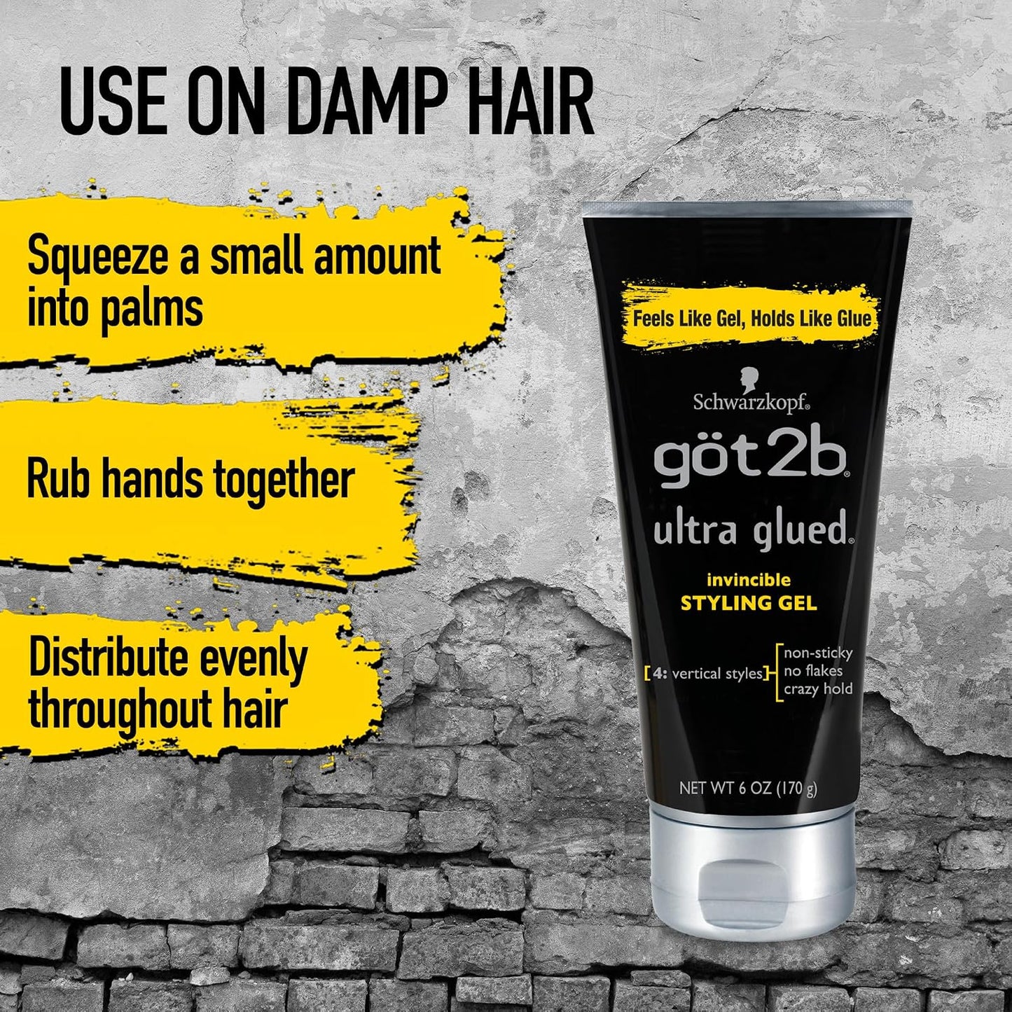 HOTgot2b Ultra Glued Invincible Styling Gel Set, 6 Fl Oz (2-Tube) + 1.25 Fl Oz Travel Size, Hair Gel for Men and Women with Extra Strong Hold, Non-Sticky, No-Flake Formula for Vertical Styles