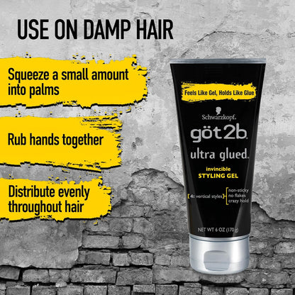 HOTgot2b Ultra Glued Invincible Styling Gel Set, 6 Fl Oz (2-Tube) + 1.25 Fl Oz Travel Size, Hair Gel for Men and Women with Extra Strong Hold, Non-Sticky, No-Flake Formula for Vertical Styles