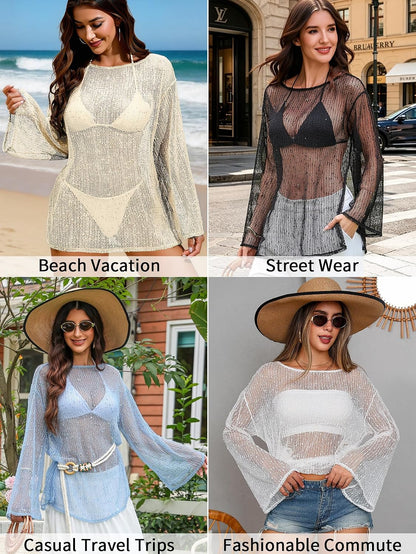 HOTLilosy Beach Swimsuit Cover Up Women Dress Bathing Suit 3XS-6XL | Sparkle Lightweight Sheer Sexy Plus Size Crochet Mesh Kaftan Long Sleeve One Piece Vacation Outfits Top Pool Summer Resort