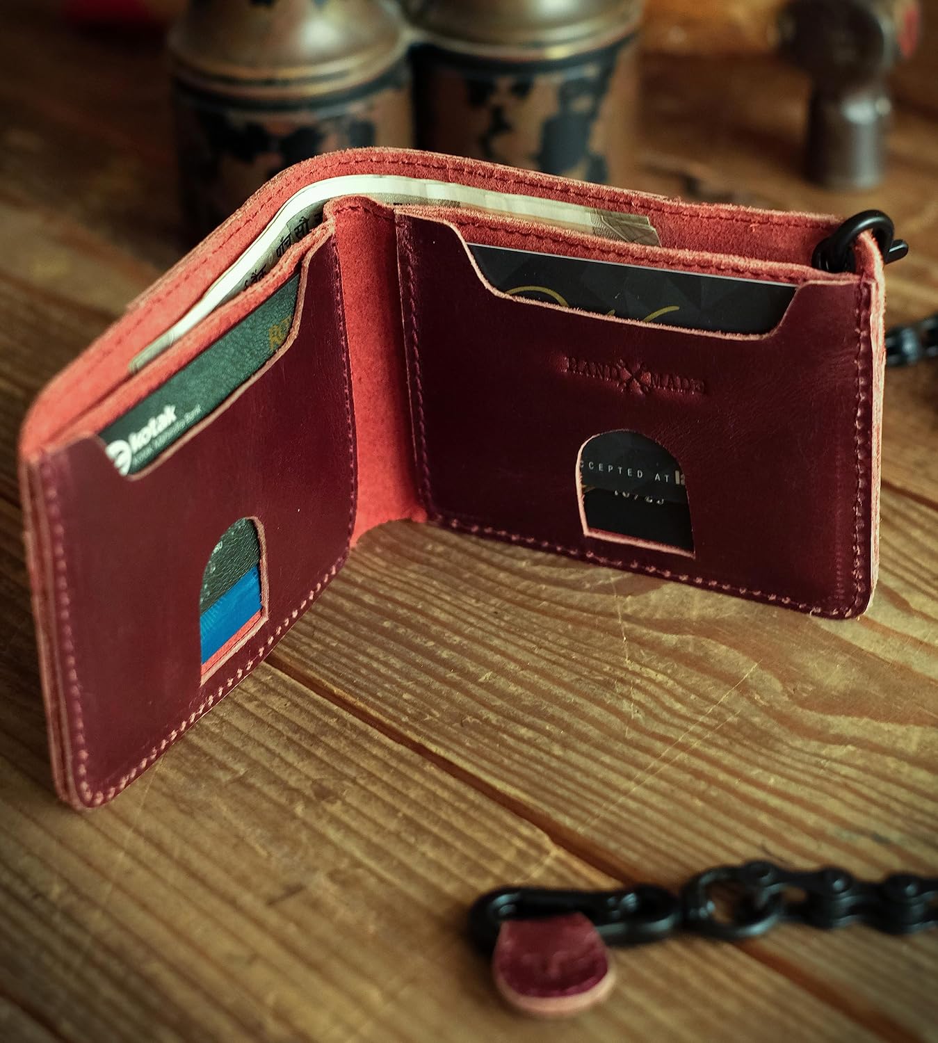 HOTTrip Machine Company Rodeo Motorcycle Genuine Leather Chain Wallet for Men (Cherry Red)