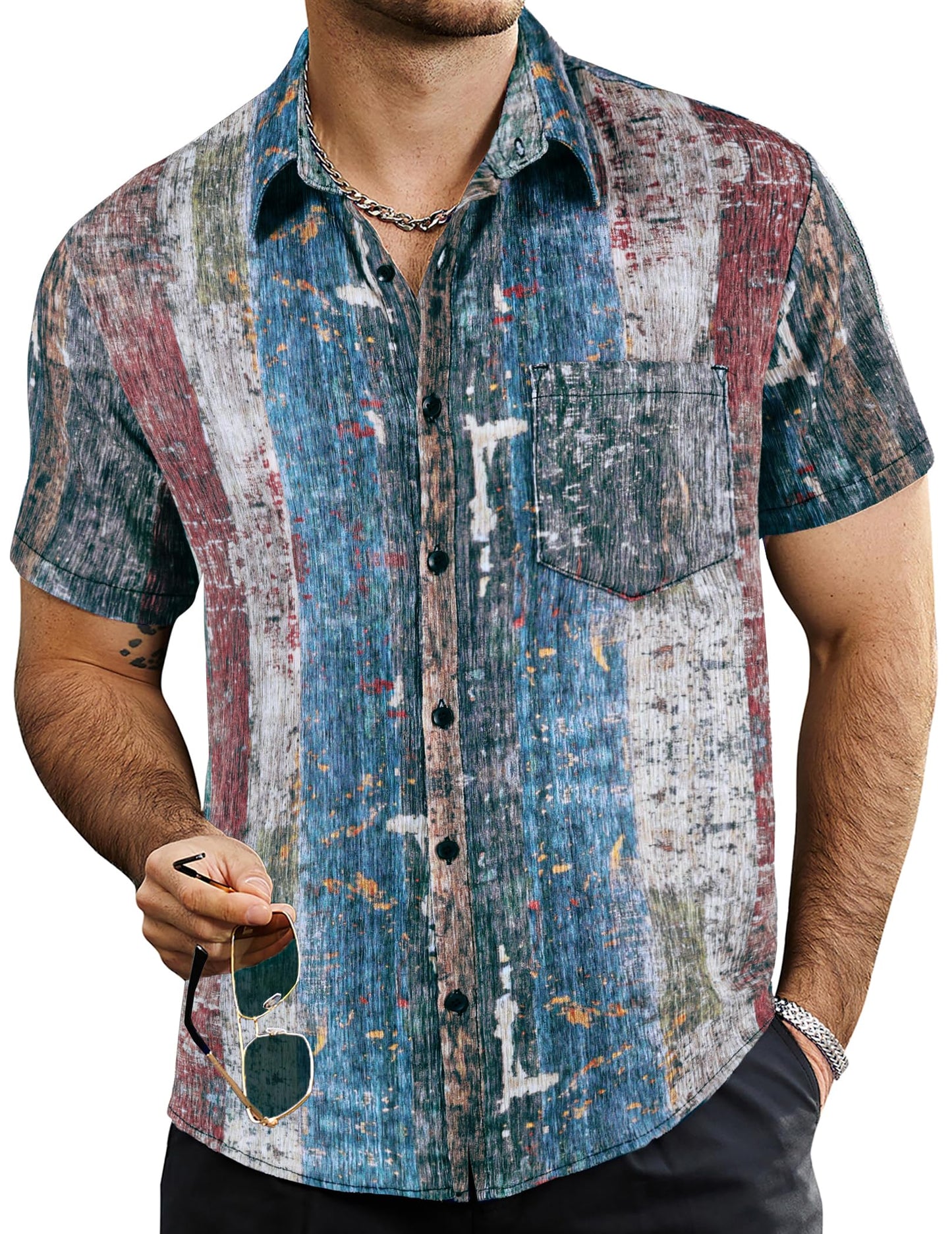 HOTVATPAVE Mens Summer Striped Shirts Button Down Short Sleeve Vintage Beach Hawaiian Shirts with Pocket