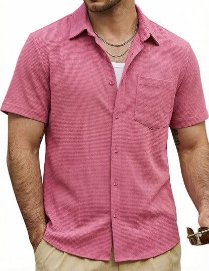 HOTVATPAVE Mens Casual Waffle Shirt Short Sleeve Button Down Summer Shirts | Beach, Untucked, Camp, Daily, Work, Family Photo, Old Money, Vacation, Collared, Wedding, Date, Cruise, Going Out, Pocket