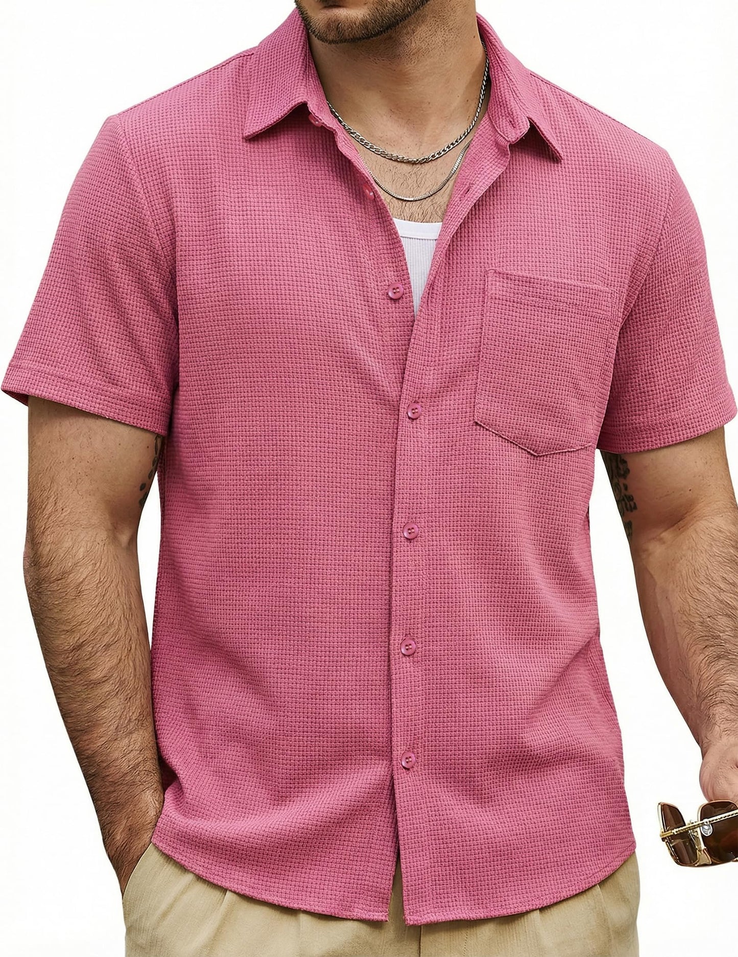 HOTVATPAVE Mens Casual Waffle Shirt Short Sleeve Button Down Summer Shirts | Beach, Untucked, Camp, Daily, Work, Family Photo, Old Money, Vacation, Collared, Wedding, Date, Cruise, Going Out, Pocket