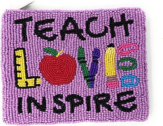 HOTTeach Love Inspired Beaded Pouch Purse Teacher Gift Ideas Small Wallets for Her Teacher Appreciation Week Gift Christmas Birthday Gift