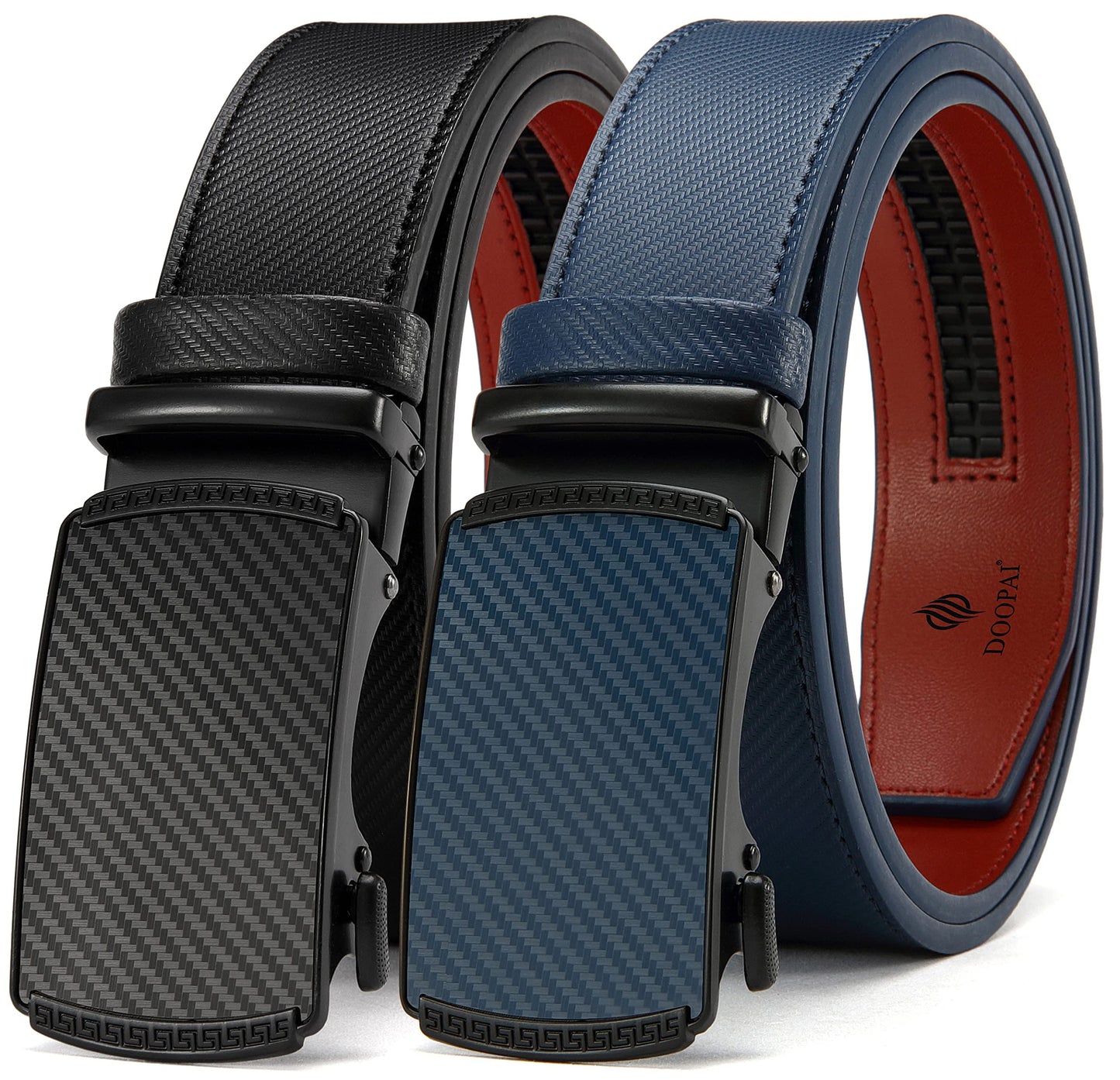 HOTDOOPAI Men's 2 Pack Ratchet Dress Belt - Adjustable 1 3/8" Genuine Leather, Size Length Can Be Cut, With Gift Box
