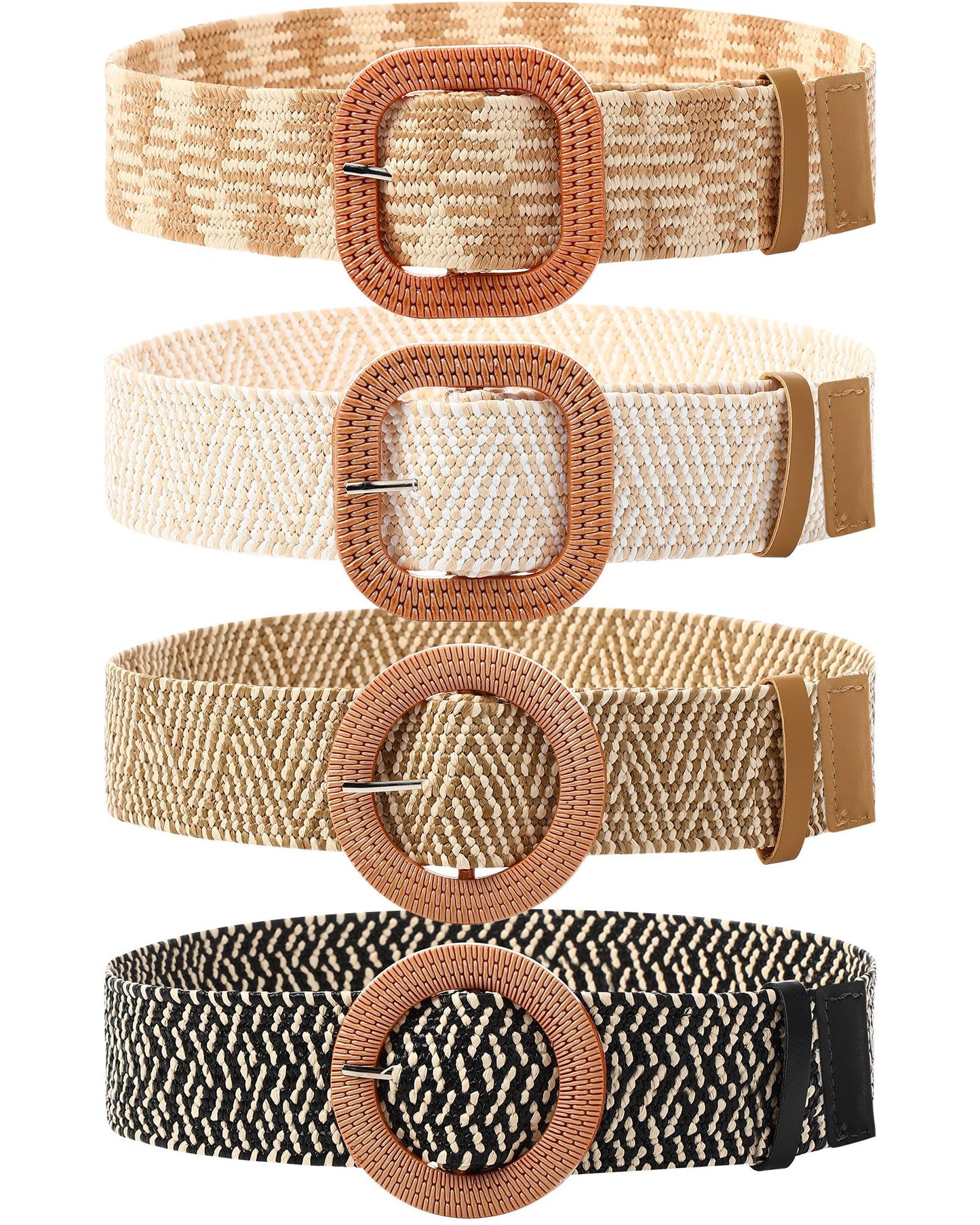 HOTWILLBOND 4 Pcs Women's Elastic Raffia Woven Belt, Boho Rattan Buckle Stretch Straw Wide Waist Belt for Dresses Jeans Pants