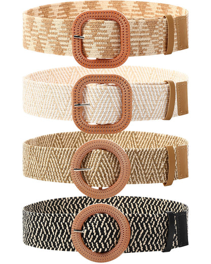 HOTWILLBOND 4 Pcs Women's Elastic Raffia Woven Belt, Boho Rattan Buckle Stretch Straw Wide Waist Belt for Dresses Jeans Pants
