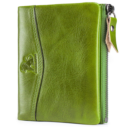 HOTWallet for Women, RFID Blocking Leather Zip Wallet, 10 Card Slots | Genuine cowhide,clear ID window,zip coin pocket,snap closure,ideal for daily carry (Coffee)