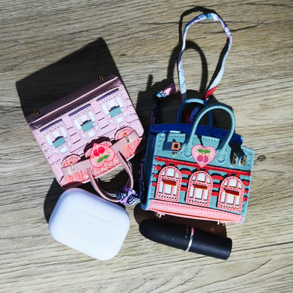 HOTWomen's 2 PCS Mini Tote Bag Charms Keychain Pouch Small Coin Purse Wallet (Blue + Pink)