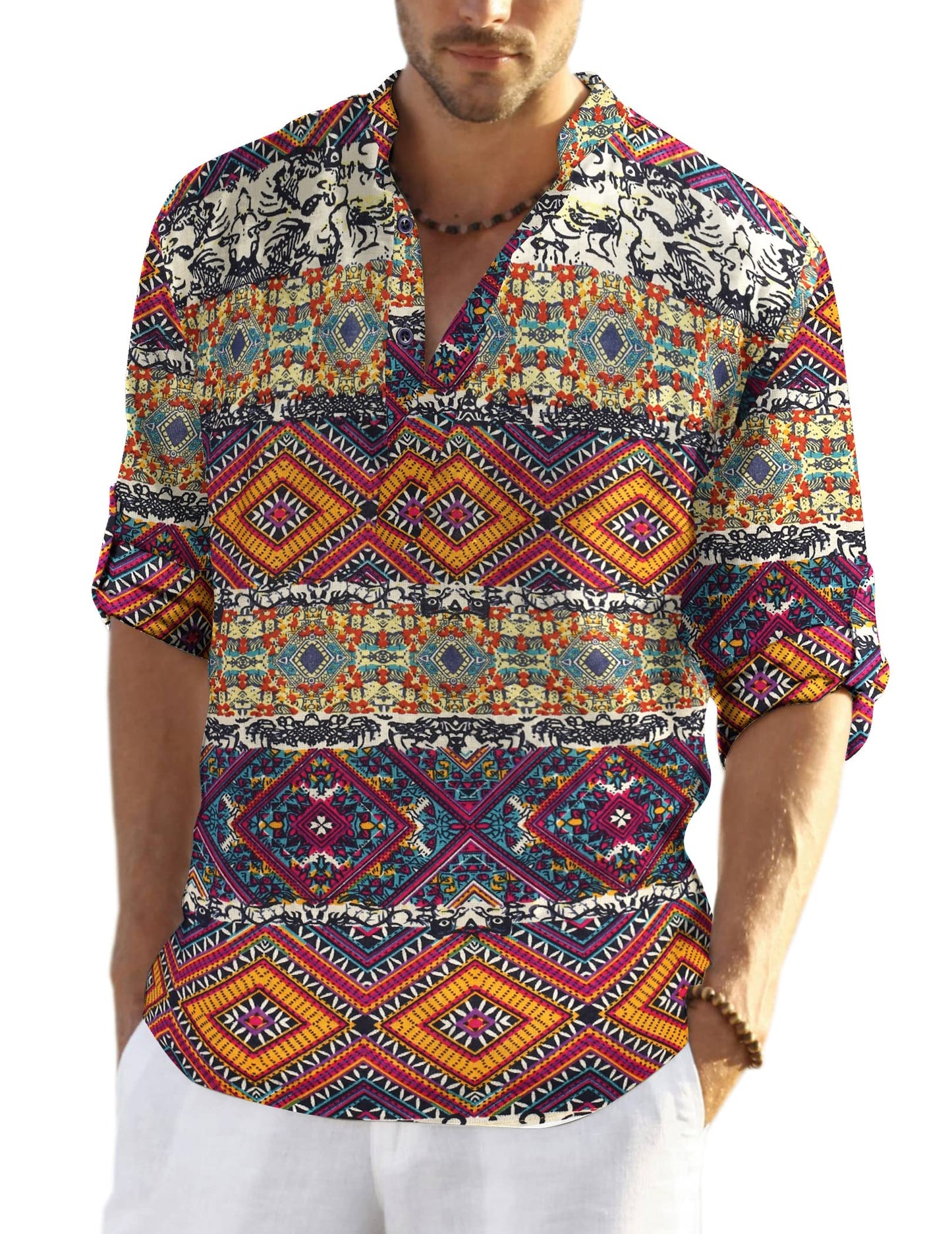 HOTCOOFANDY Men's Cotton Linen Henley T-Shirt Long Sleeve Hippie Casual Beach T-Shirts