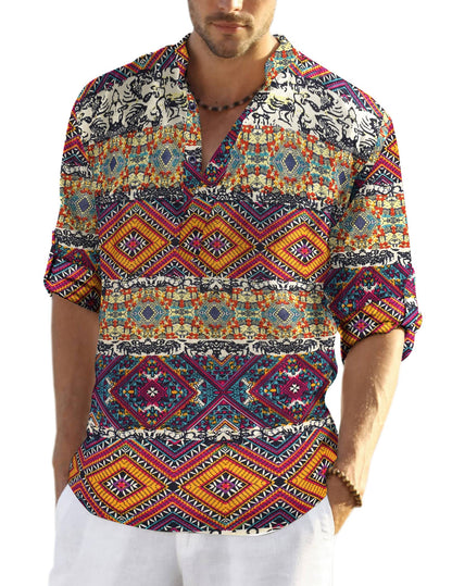 HOTCOOFANDY Men's Cotton Linen Henley T-Shirt Long Sleeve Hippie Casual Beach T-Shirts