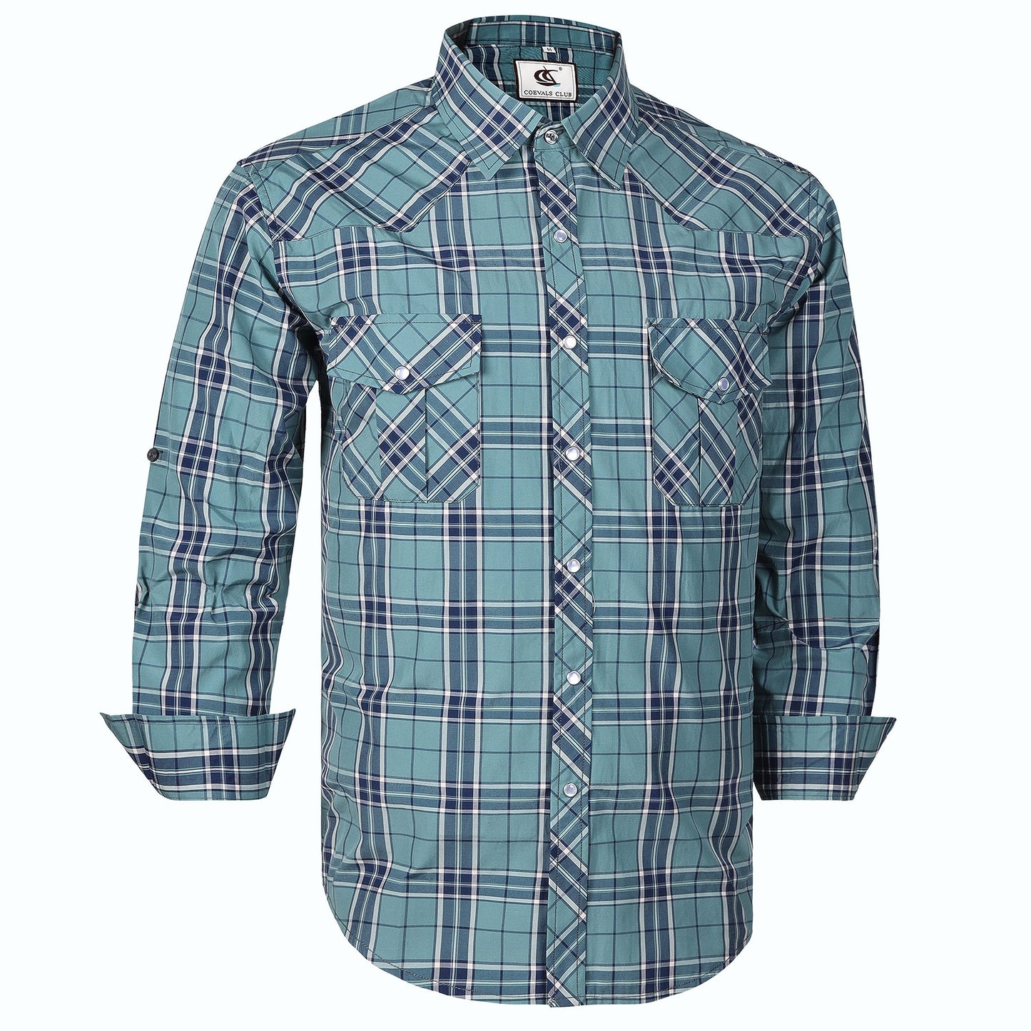 HOTCOEVALS CLUB Men's Western Pearl Snap Button Up Casual Cowboy Long Sleeve Two Pockets Work Shirts