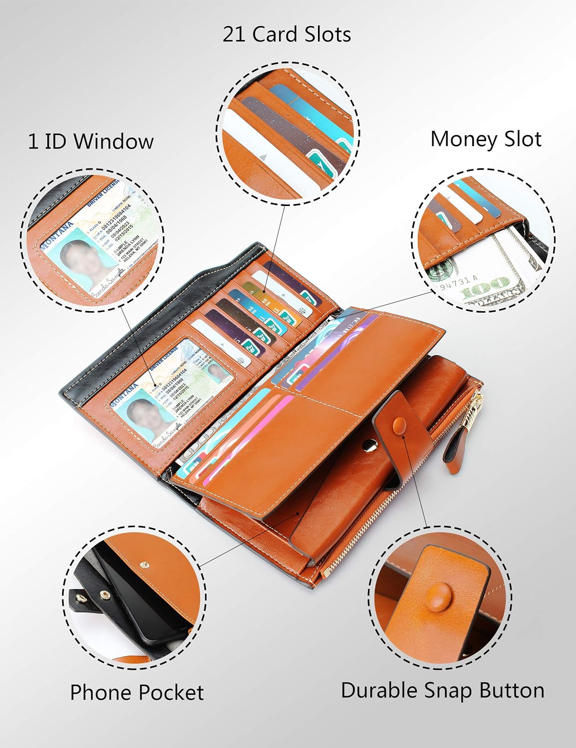 HOTDemon&Hunter Women's RFID Blocking Large Capacity Luxury Wax Genuine Leather Purse Wallet DZA2083 (One Size, Orange)