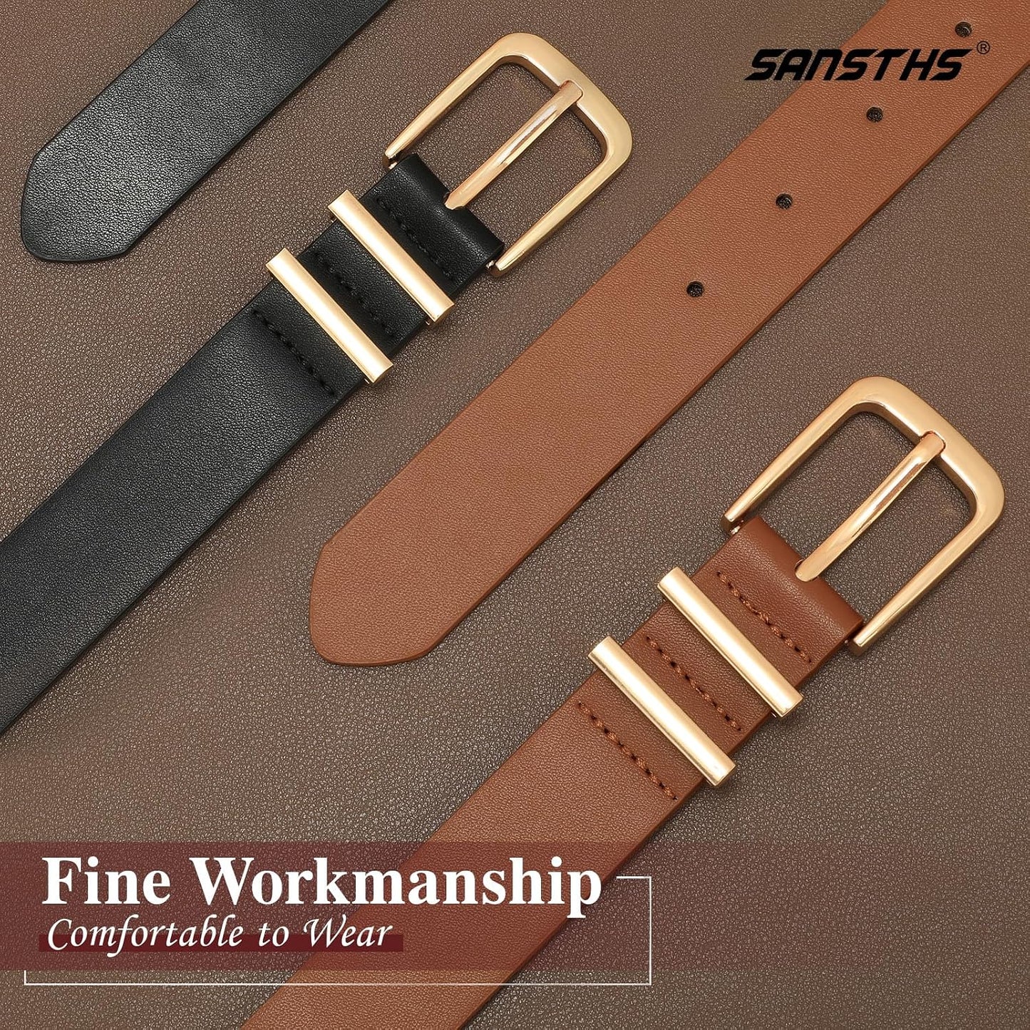 HOTSANSTHS 2 Pack Women Belt for Jeans Pants, Simple Fashion Ladies Waist Belt with Gold Buckle, 1inch Width